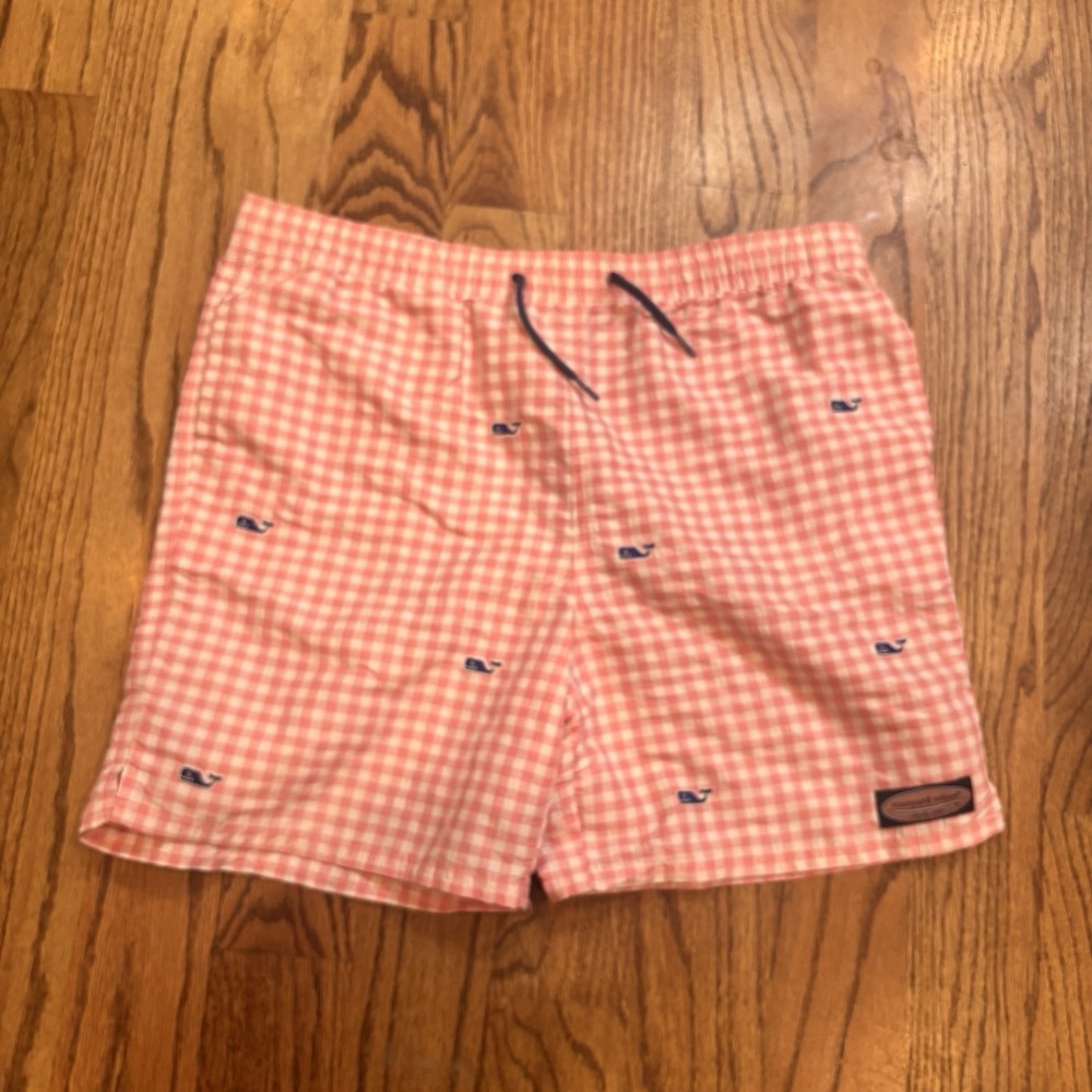 Vineyard Vines Boys XL 18 Chappy Swim Trunks Pink‎ White Gingham Whale